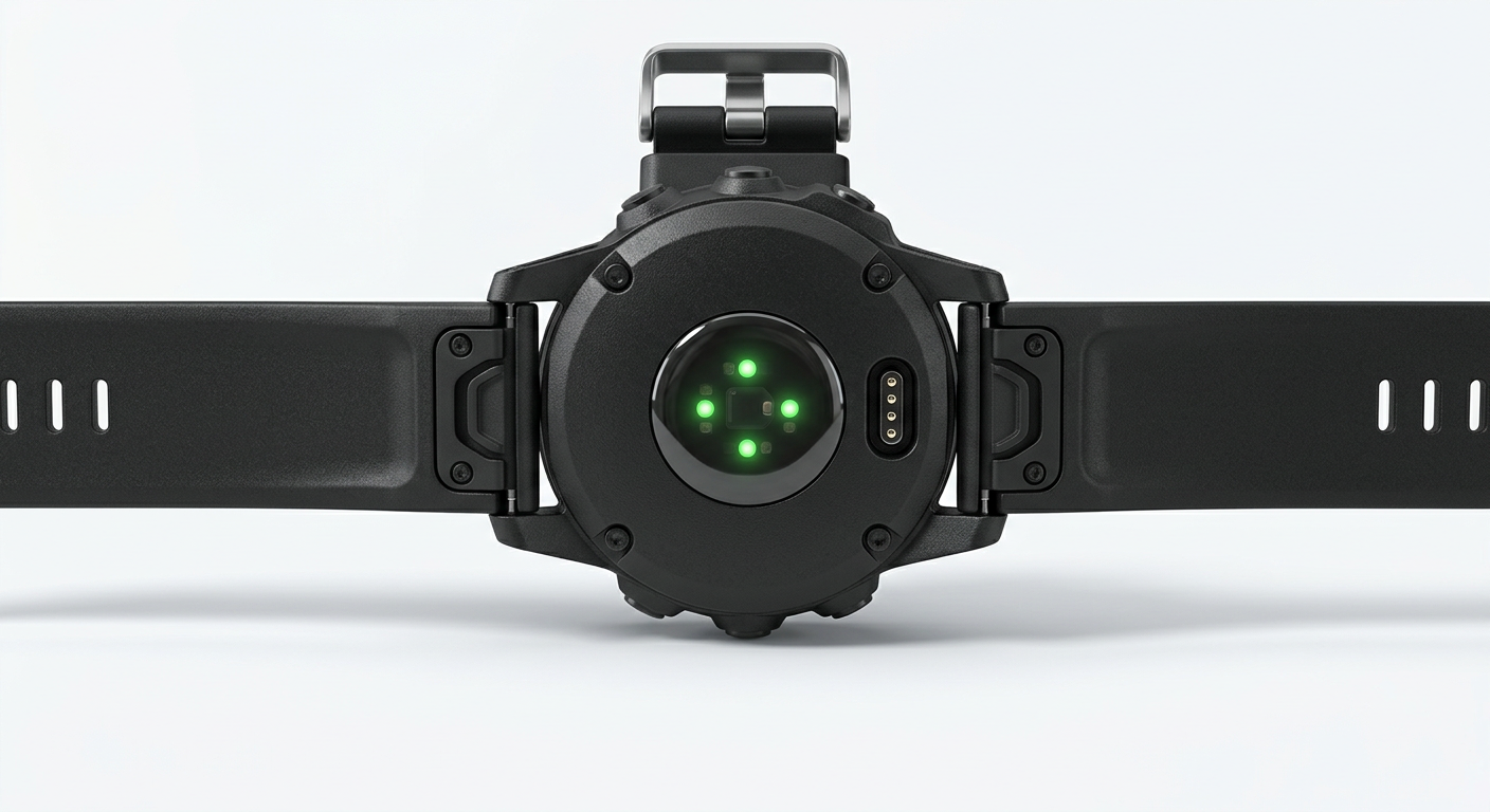 Dos d’une montre de course noire avec son capteur cardiaque. Image générée.