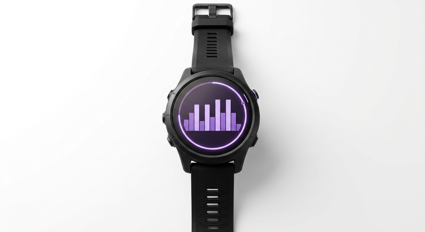 Montre de course noire vue de face, l’écran affiche une séance par intervalles en barres violettes. Image générée.